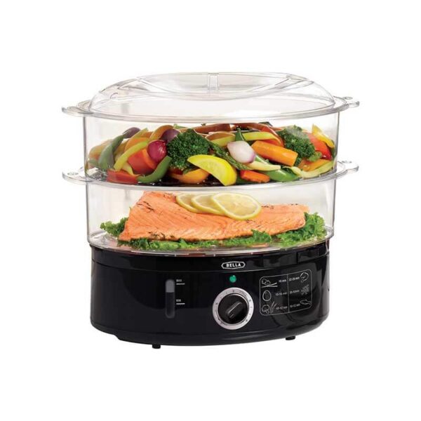 BELLA Two Tier Food Steamer with Dishwasher Safe Lids and Stackable Baskets & Removable Base for Fast Simultaneous Cooking - Auto Shutoff & Boil Dry Protection, Stainless Steel, 7.4 QT, Black